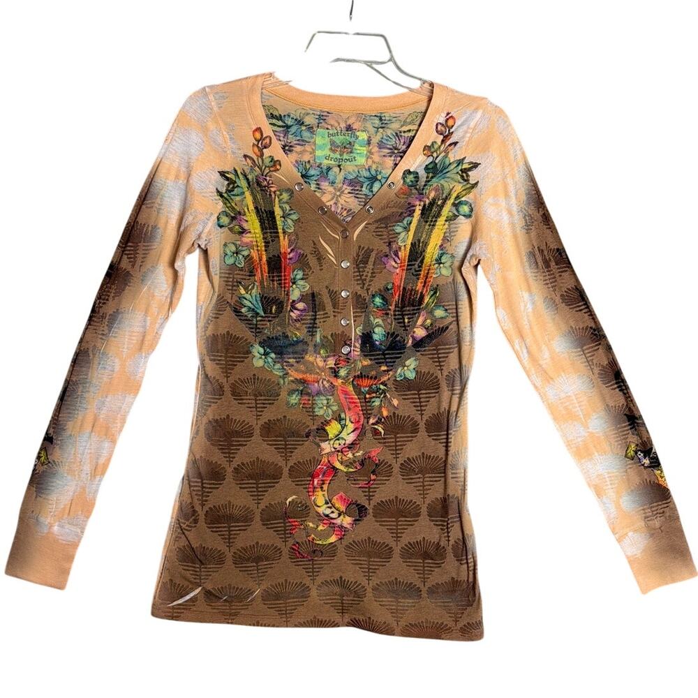 Butterfly Dropout Sheer Burnout Y2K Graphic Henley Top Boho Fairygrunge Indie M - Picture 3 of 13